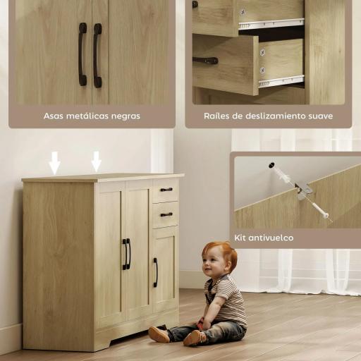 Aparador para Salón Moderno con 3 Puertas 2 Cajones Estante Ajustable para Comedor Entrada 120x38x79 cm Natural [6]