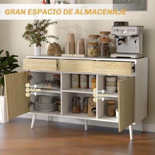 Aparador Moderno con Cajones Estantes Abiertos y Almacenaje Ajustable Para Sala o Comedor 120x39x77 cm Blanco y Natural [2]