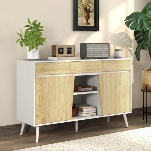 Aparador Moderno con Cajones Estantes Abiertos y Almacenaje Ajustable Para Sala o Comedor 120x39x77 cm Blanco y Natural [7]