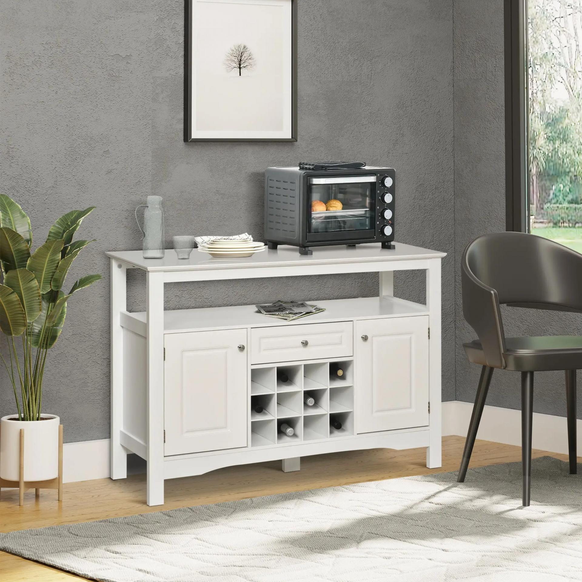 Aparador de Comedor con 1 Cajón 1 Estante Abierto 2 Puertas y Botellero para 12 Botellas 116,5x40x82,5 cm Blanco