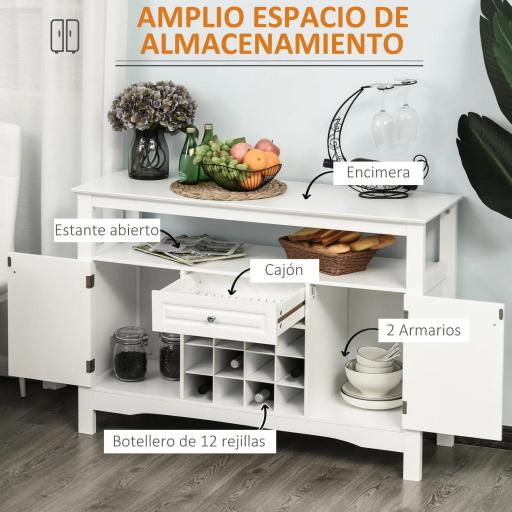 Aparador de Comedor con 1 Cajón 1 Estante Abierto 2 Puertas y Botellero para 12 Botellas 116,5x40x82,5 cm Blanco [5]