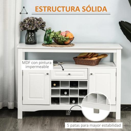 Aparador de Comedor con 1 Cajón 1 Estante Abierto 2 Puertas y Botellero para 12 Botellas 116,5x40x82,5 cm Blanco [6]