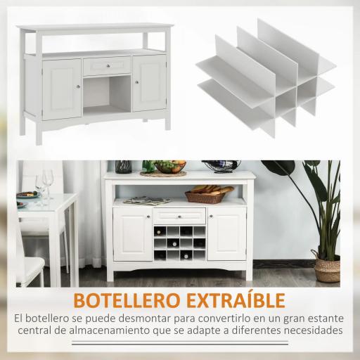 Aparador de Comedor con 1 Cajón 1 Estante Abierto 2 Puertas y Botellero para 12 Botellas 116,5x40x82,5 cm Blanco [2]