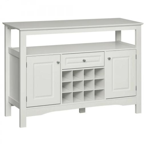 Aparador de Comedor con 1 Cajón 1 Estante Abierto 2 Puertas y Botellero para 12 Botellas 116,5x40x82,5 cm Blanco [9]