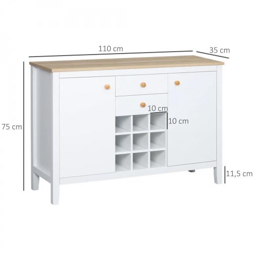Aparador de Cocina Moderno con Cajones y Botellero Mueble Auxiliar para Comedor Salón 110x35x75 cm Blanco [1]