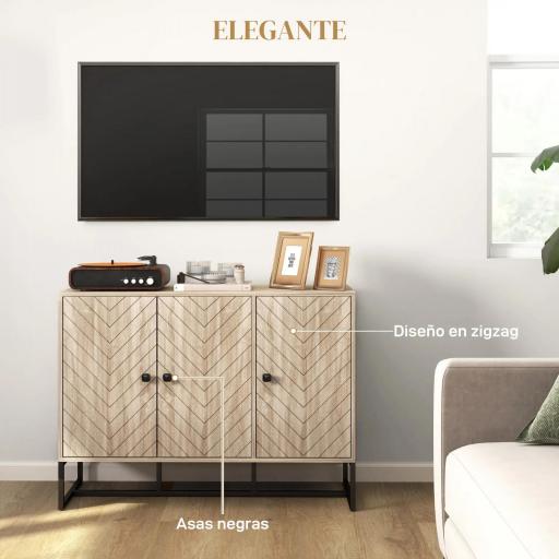Aparador de Salón con 3 Puertas con Diseño Chevron Estantes Ajustables Patas de Metal 108x40x80 cm Roble [4]