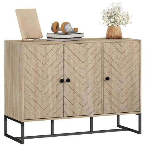Aparador de Salón con 3 Puertas con Diseño Chevron Estantes Ajustables Patas de Metal 108x40x80 cm Roble [8]