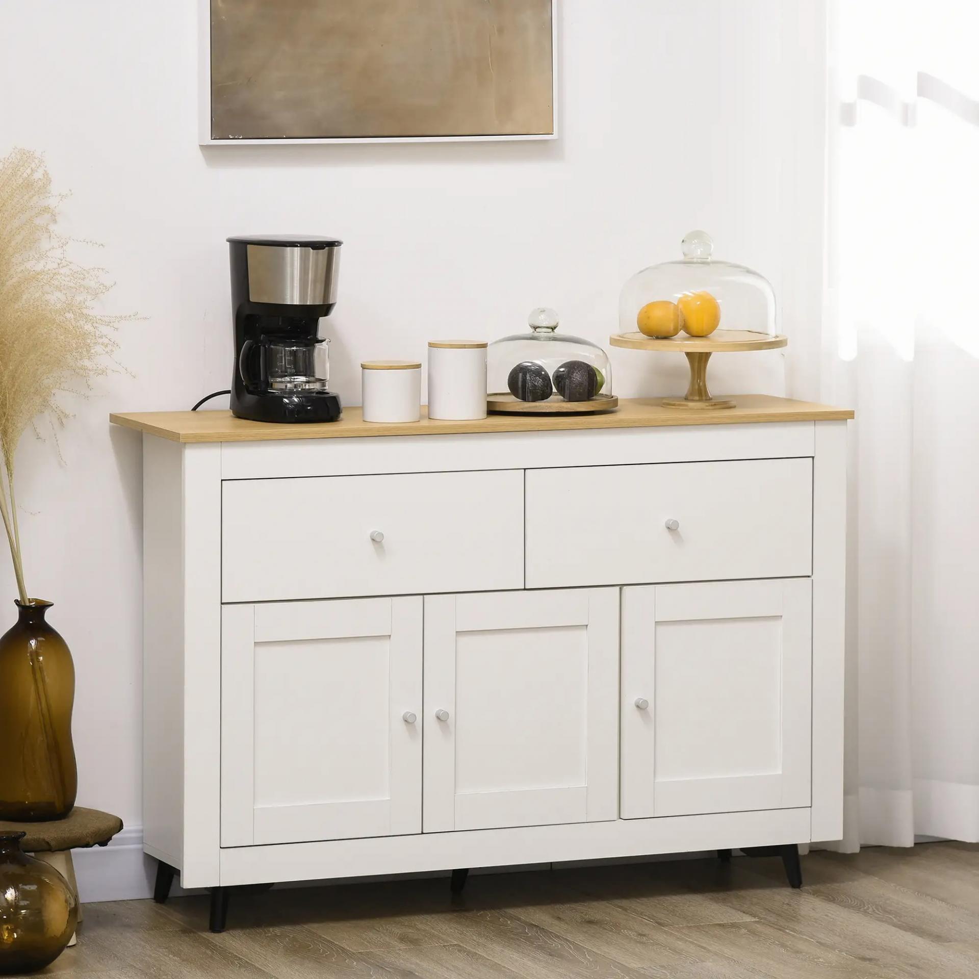 Aparador con 2 Cajones 3 Puertas Estante Ajustable Mueble Auxiliar de Cocina 117x35x80 cm Blanco