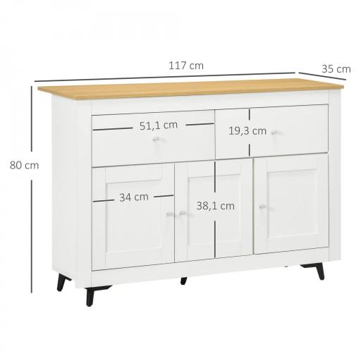 Aparador con 2 Cajones 3 Puertas Estante Ajustable Mueble Auxiliar de Cocina 117x35x80 cm Blanco [1]