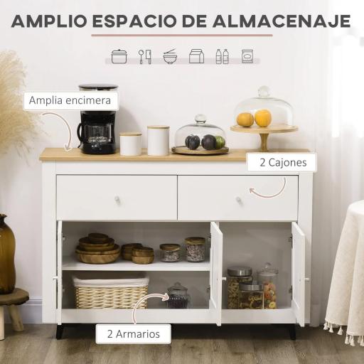 Aparador con 2 Cajones 3 Puertas Estante Ajustable Mueble Auxiliar de Cocina 117x35x80 cm Blanco [4]