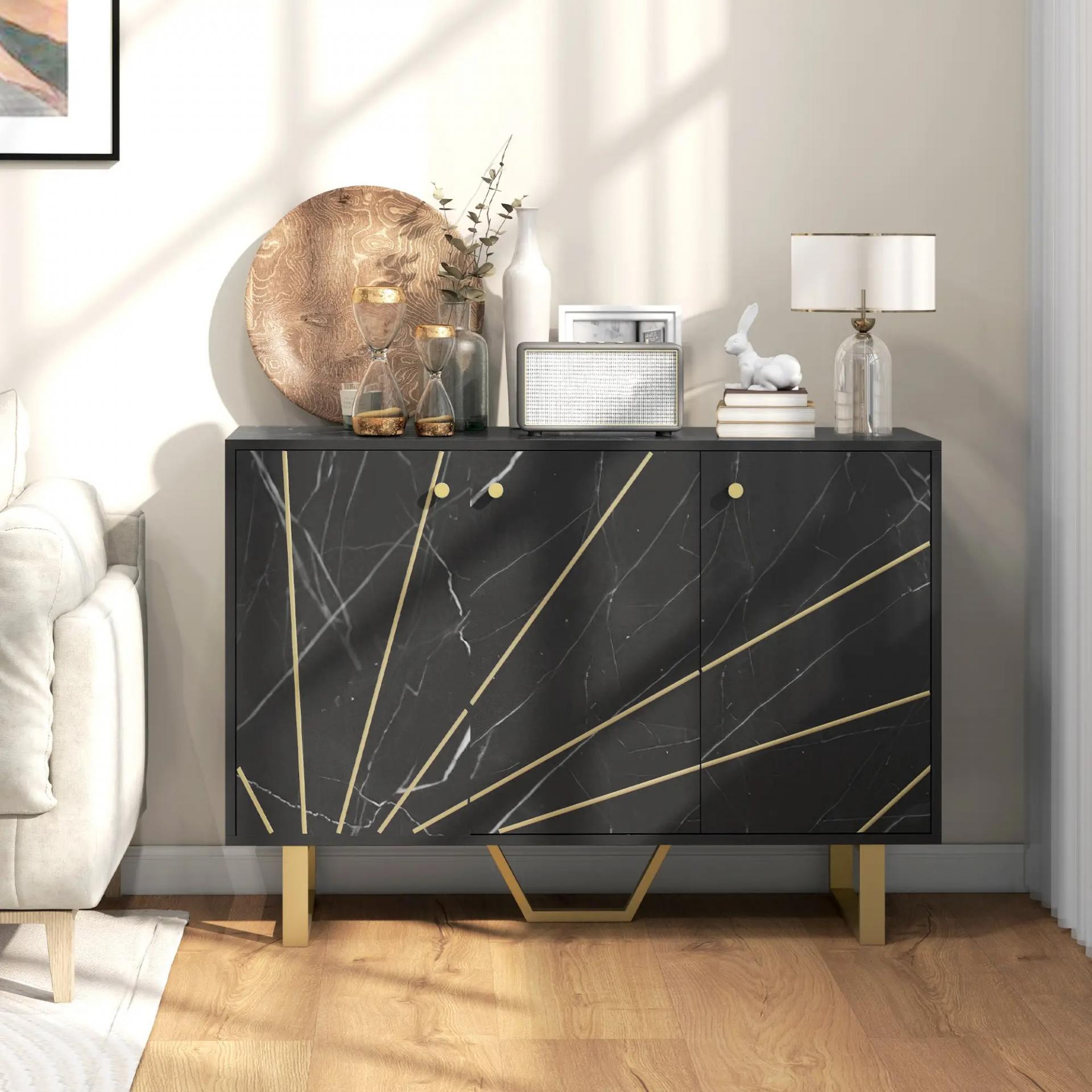 Aparador de Salón con 2 Armarios y Estante Interior Ajustable Buffet acabado Efecto Mármol 107x35x75 cm Negro y Dorado