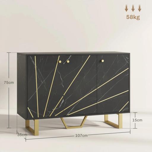 Aparador de Salón con 2 Armarios y Estante Interior Ajustable Buffet acabado Efecto Mármol 107x35x75 cm Negro y Dorado [1]