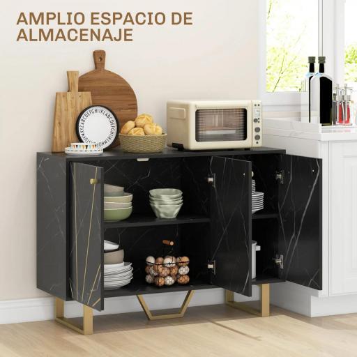 Aparador de Salón con 2 Armarios y Estante Interior Ajustable Buffet acabado Efecto Mármol 107x35x75 cm Negro y Dorado [2]