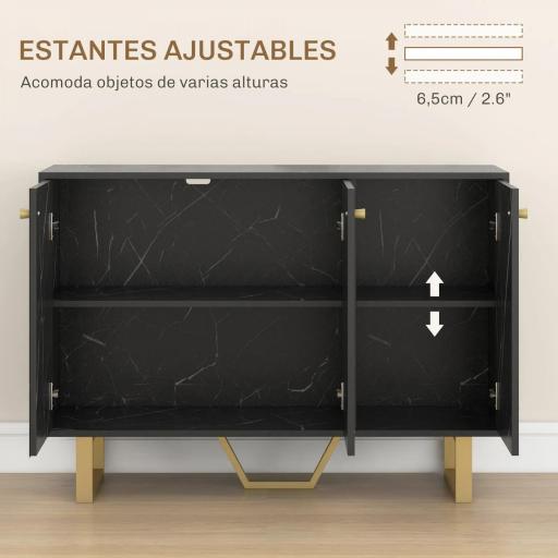 Aparador de Salón con 2 Armarios y Estante Interior Ajustable Buffet acabado Efecto Mármol 107x35x75 cm Negro y Dorado [5]