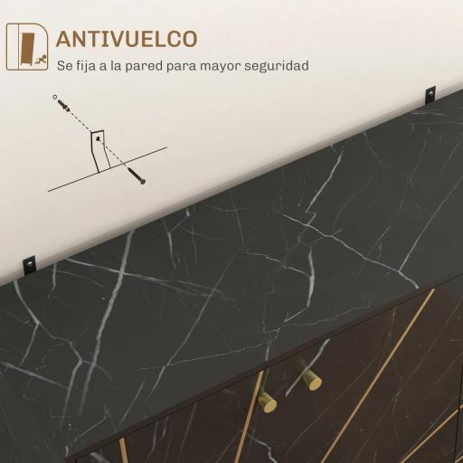 Aparador de Salón con 2 Armarios y Estante Interior Ajustable Buffet acabado Efecto Mármol 107x35x75 cm Negro y Dorado [4]
