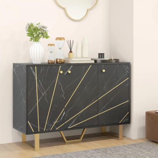 Aparador de Salón con 2 Armarios y Estante Interior Ajustable Buffet acabado Efecto Mármol 107x35x75 cm Negro y Dorado [6]