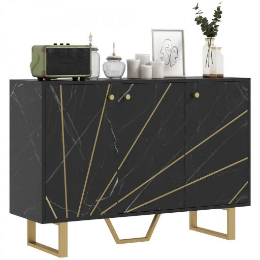 Aparador de Salón con 2 Armarios y Estante Interior Ajustable Buffet acabado Efecto Mármol 107x35x75 cm Negro y Dorado [8]