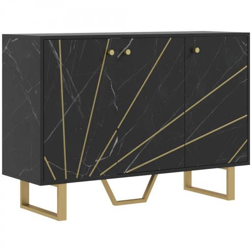Aparador de Salón con 2 Armarios y Estante Interior Ajustable Buffet acabado Efecto Mármol 107x35x75 cm Negro y Dorado [9]