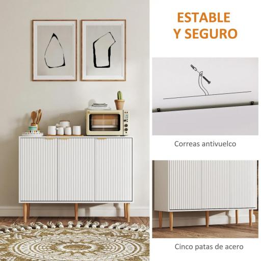 Aparador de Salón con Estante Ajustable Aparador de 3 Puertas Acanaladas 107x35x80 cm Blanco [5]