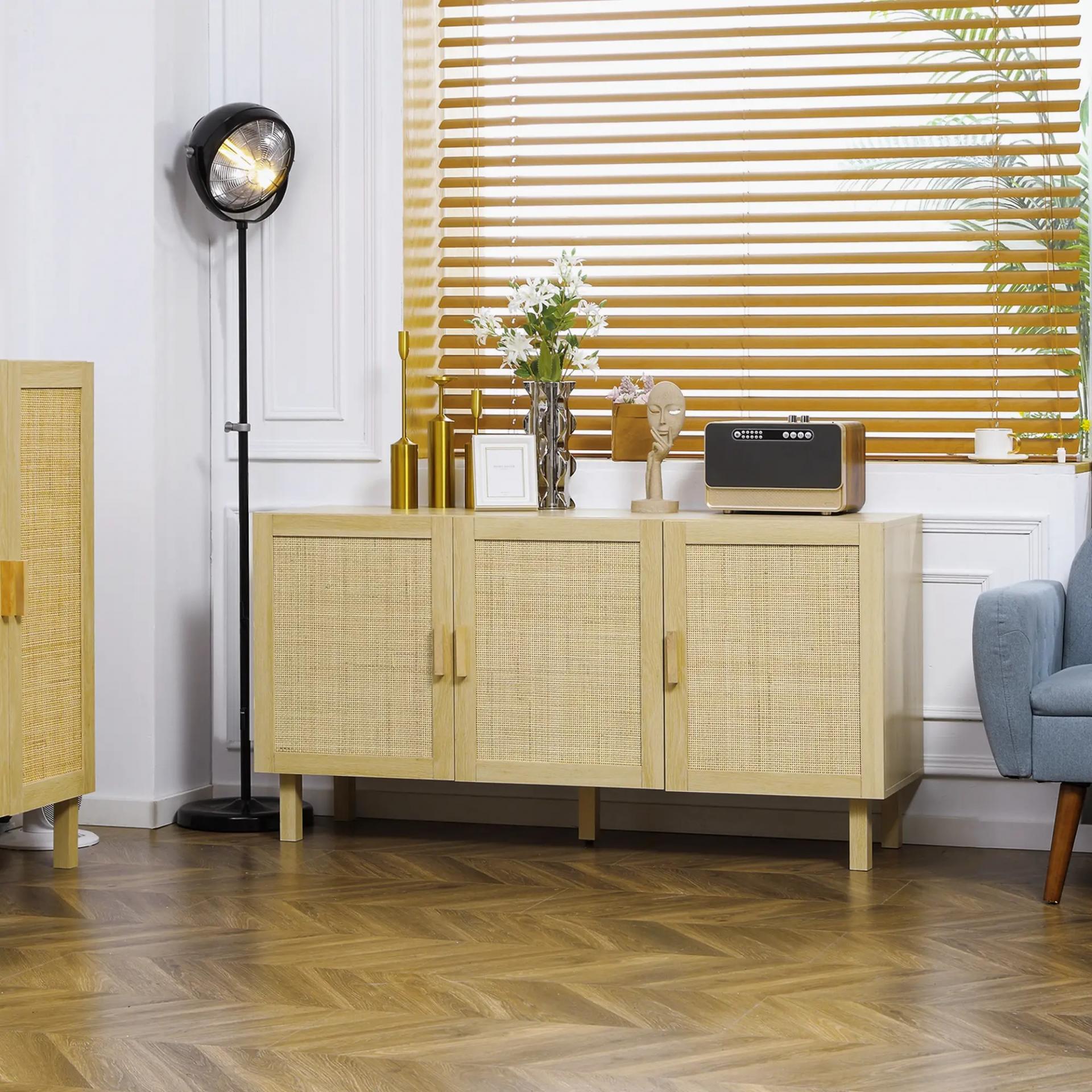 Aparador 3 Puertas de Rejilla de Ratán con Estantes Ajustables para Comedor Entrada Dormitorio Natural 136x41x70 cm