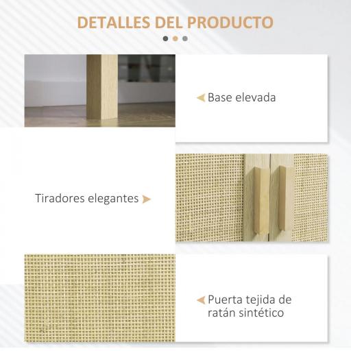 Aparador 3 Puertas de Rejilla de Ratán con Estantes Ajustables para Comedor Entrada Dormitorio Natural 136x41x70 cm [3]