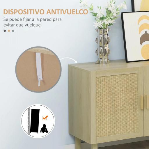 Aparador 3 Puertas de Rejilla de Ratán con Estantes Ajustables para Comedor Entrada Dormitorio Natural 136x41x70 cm [5]