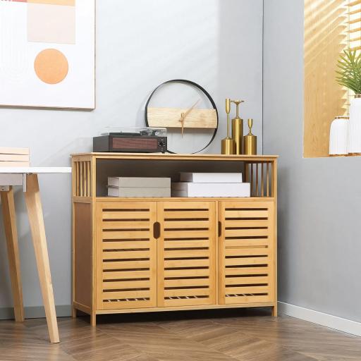Aparador para Salón de Bambú con 3 Puertas Ranuradas Estantes para Comedor Cocina Entrada Natural 100x35x82 cm [0]