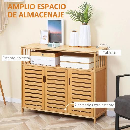 Aparador para Salón de Bambú con 3 Puertas Ranuradas Estantes para Comedor Cocina Entrada Natural 100x35x82 cm [3]