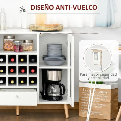 Aparador de Cocina con Botellero Cajón Estante Abierto y 2 Armarios con Puertas de Cristal 100x33x80 cm Blanco [3]