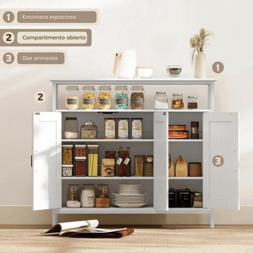 Aparador para Salón Industrial con 3 Puertas Compartimento Abierto Estantes Ajustables para Comedor 100x35x88 cm Blanco [2]