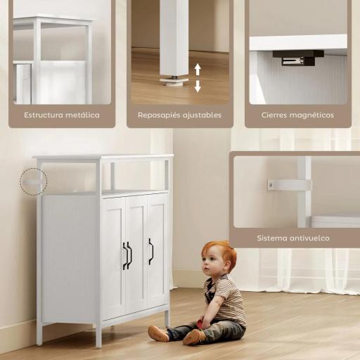 Aparador para Salón Industrial con 3 Puertas Compartimento Abierto Estantes Ajustables para Comedor 100x35x88 cm Blanco [4]