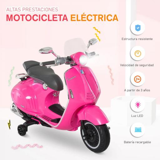 Moto de Batería Autorizada de VESPA con Faros Música 2 Ruedas Auxiliares 108x49x75 cm Rosa [3]