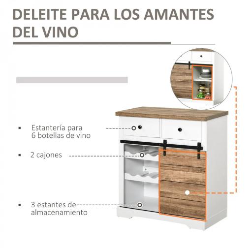 Mueble de Cocina con Puerta Corredera de Granero Botellero Cajones y Estantes para Comedor Salón 80x39x86 cm Blanco [2]