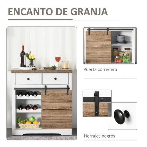 Mueble de Cocina con Puerta Corredera de Granero Botellero Cajones y Estantes para Comedor Salón 80x39x86 cm Blanco [3]