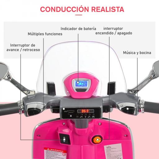 Moto de Batería Autorizada de VESPA con Faros Música 2 Ruedas Auxiliares 108x49x75 cm Rosa [8]