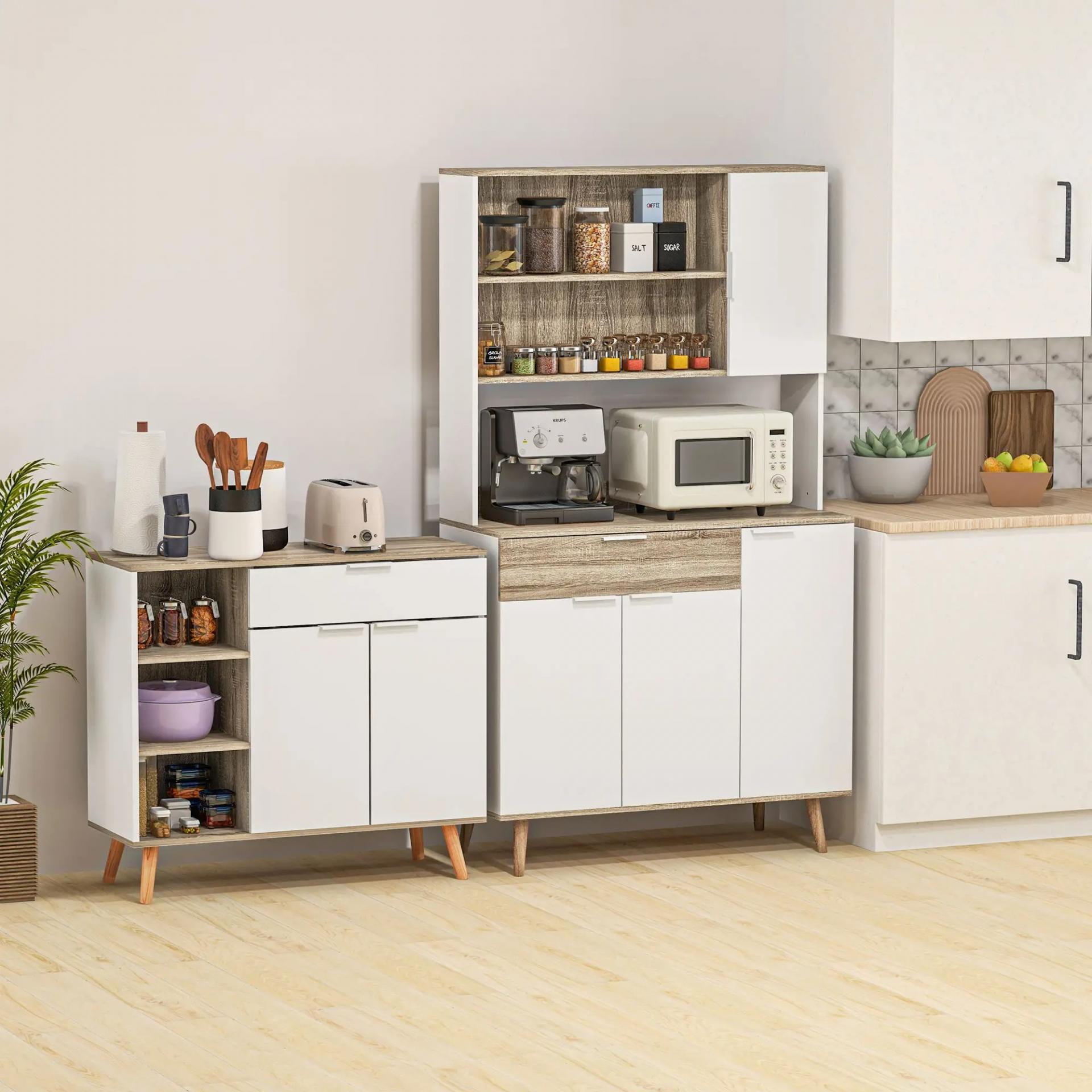 Aparador de Cocina con 1 Cajón 2 Puertas de Cierre Suave y Estantes Ajustables para Comedor 95x35x85 cm Blanco y Natural
