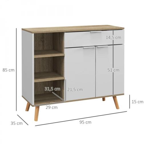 Aparador de Cocina con 1 Cajón 2 Puertas de Cierre Suave y Estantes Ajustables para Comedor 95x35x85 cm Blanco y Natural [1]