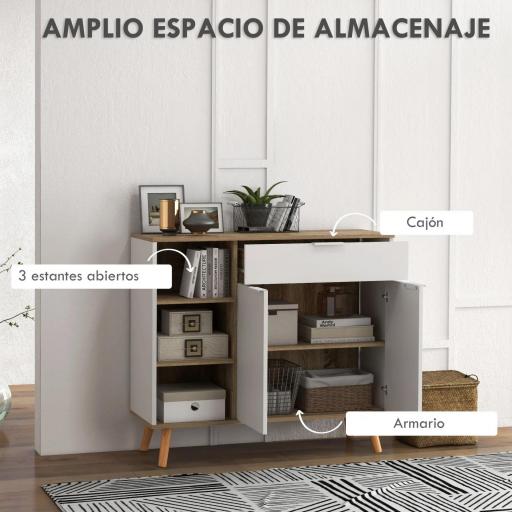 Aparador de Cocina con 1 Cajón 2 Puertas de Cierre Suave y Estantes Ajustables para Comedor 95x35x85 cm Blanco y Natural [4]