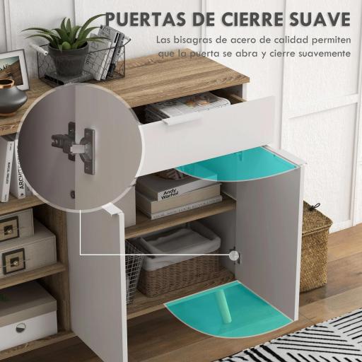 Aparador de Cocina con 1 Cajón 2 Puertas de Cierre Suave y Estantes Ajustables para Comedor 95x35x85 cm Blanco y Natural [5]