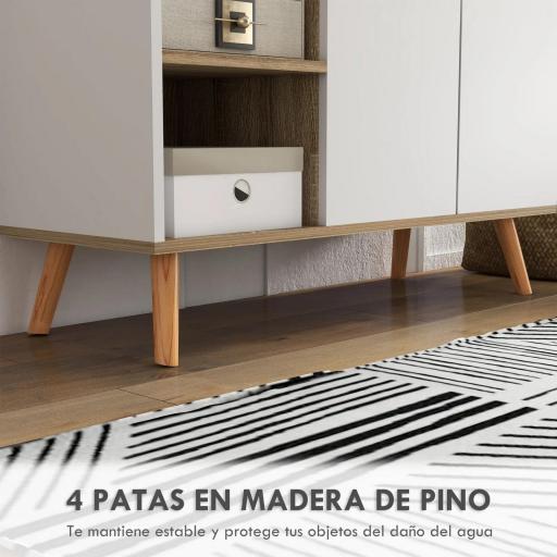 Aparador de Cocina con 1 Cajón 2 Puertas de Cierre Suave y Estantes Ajustables para Comedor 95x35x85 cm Blanco y Natural [3]