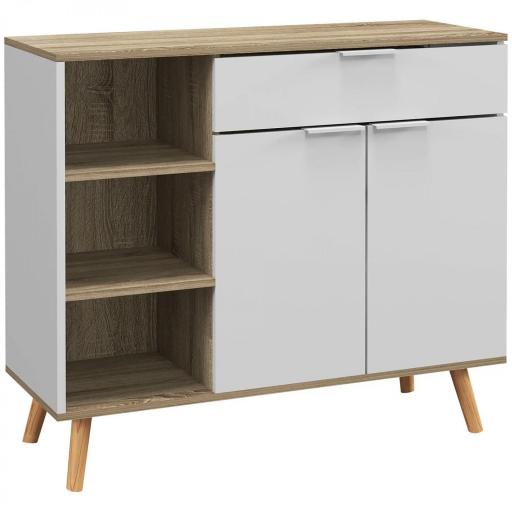 Aparador de Cocina con 1 Cajón 2 Puertas de Cierre Suave y Estantes Ajustables para Comedor 95x35x85 cm Blanco y Natural [8]
