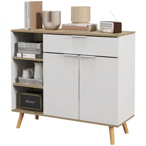 Aparador de Cocina con 1 Cajón 2 Puertas de Cierre Suave y Estantes Ajustables para Comedor 95x35x85 cm Blanco y Natural [9]