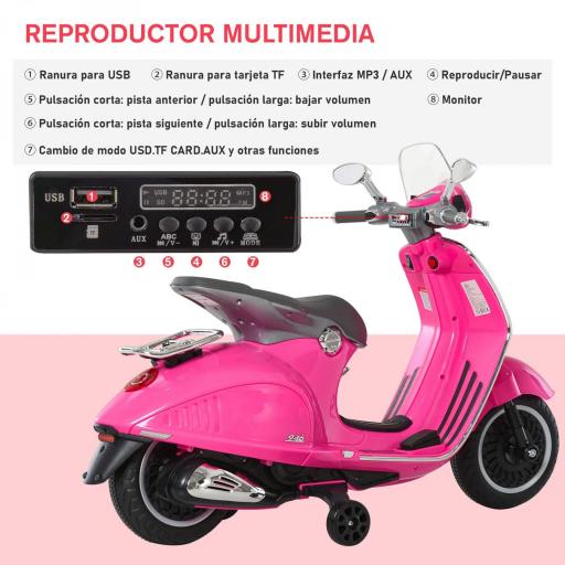 Moto de Batería Autorizada de VESPA con Faros Música 2 Ruedas Auxiliares 108x49x75 cm Rosa [5]
