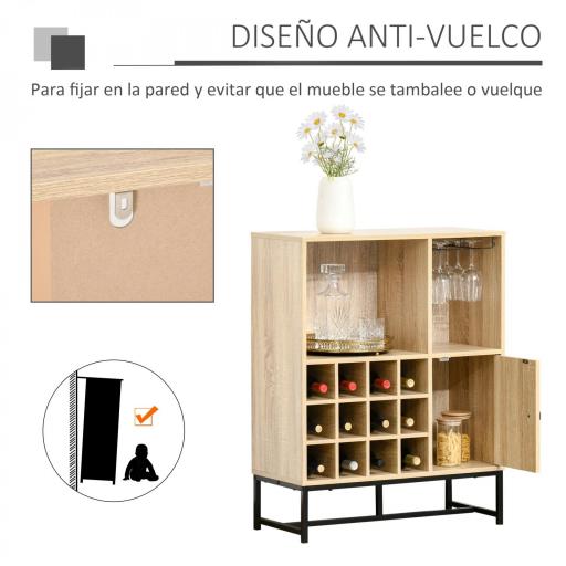 Aparador de Cocina con Botellero para 12 Botellas y Soporte de 6 Copas de Vino 76x35x97 cm Madera Natural [3]