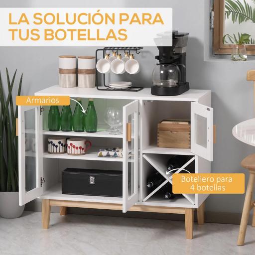 Aparador de Cocina con 3 Puertas de Vidrio y Botellero en Forma X para 4 Botellas 90x37x75 cm Blanco [5]
