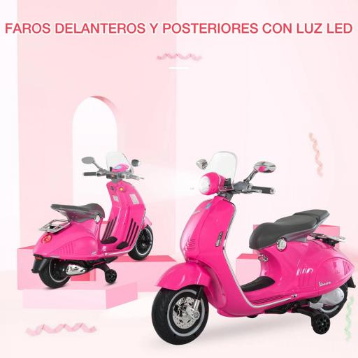 Moto de Batería Autorizada de VESPA con Faros Música 2 Ruedas Auxiliares 108x49x75 cm Rosa [6]