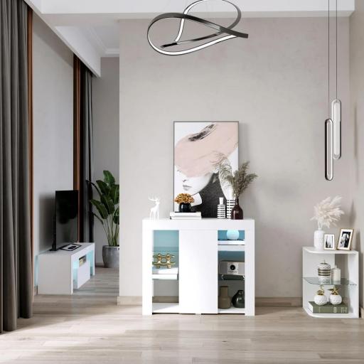 Aparador Moderno con Luces LED Mueble Buffet con 1 Puerta de Alto Brillo Cierre a Presión Estantes Ajustables y Control Remoto 97x35x83 cm Blanco [0]