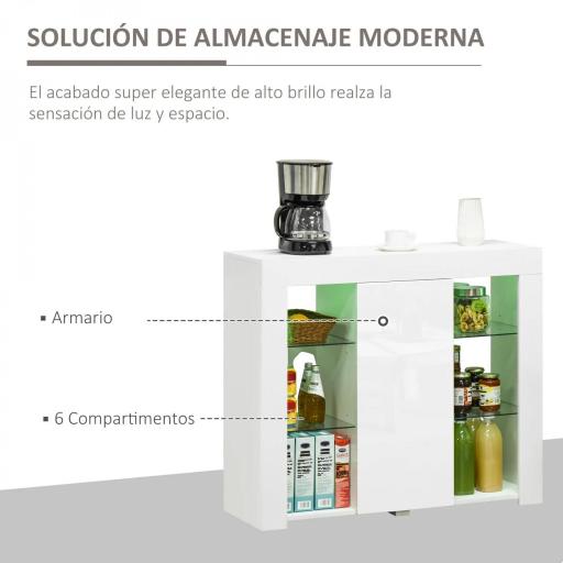 Aparador Moderno con Luces LED Mueble Buffet con 1 Puerta de Alto Brillo Cierre a Presión Estantes Ajustables y Control Remoto 97x35x83 cm Blanco [2]