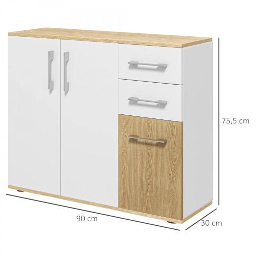 Aparador de Cocina con 2 Cajones 2 Armarios y Estantes Ajustables para Comedor 90x30x75,5 cm Blanco y Natural [1]