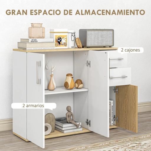 Aparador de Cocina con 2 Cajones 2 Armarios y Estantes Ajustables para Comedor 90x30x75,5 cm Blanco y Natural [3]
